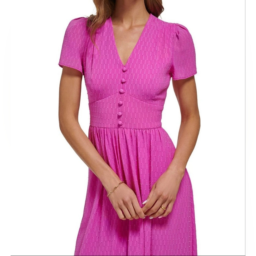 DNKY V-Neck Short Sleeve, Covered Button, Bodice Chiffon -A-Line Midi Dress